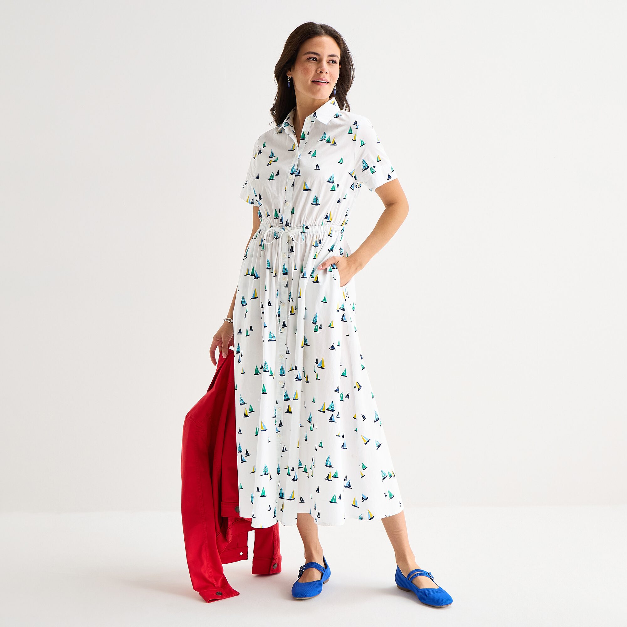 St. John's Bay Womens Short Sleeve Midi Shirt Dress