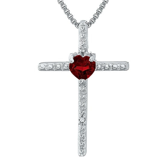 Genuine Garnet and Diamond-Accent Sterling Silver Cross and Heart Pendant Necklace