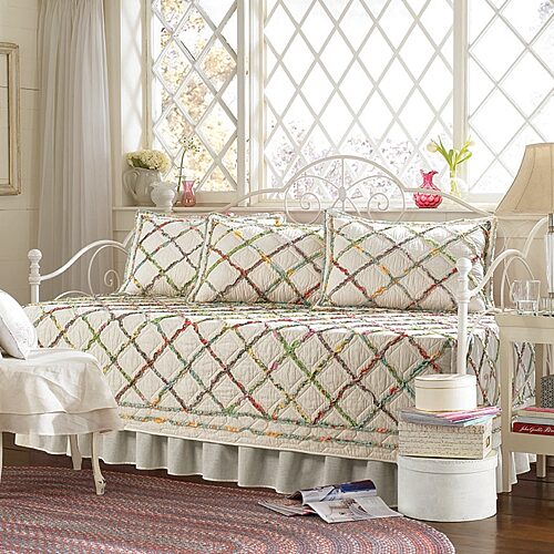 Laura Ashley Ruffle Garden Appliqued Diamond Cotton Sham, Standard - Cream Multi