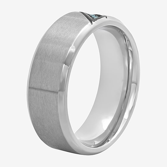 Mens Diamond Accent Natural Blue Diamond Stainless Steel Wedding Band