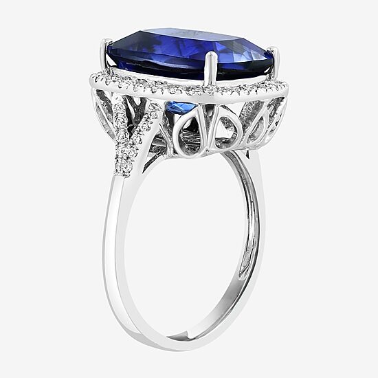 Effy Final Call Womens 1/2 CT. T.W. Lab Created Blue Sapphire 14K Gold Cushion Halo Cocktail Ring