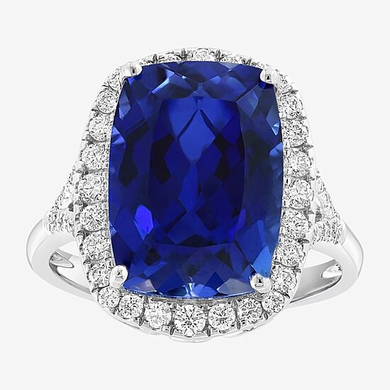 Effy Final Call Womens 1/2 CT. T.W. Lab Created Blue Sapphire 14K Gold Cushion Halo Cocktail Ring