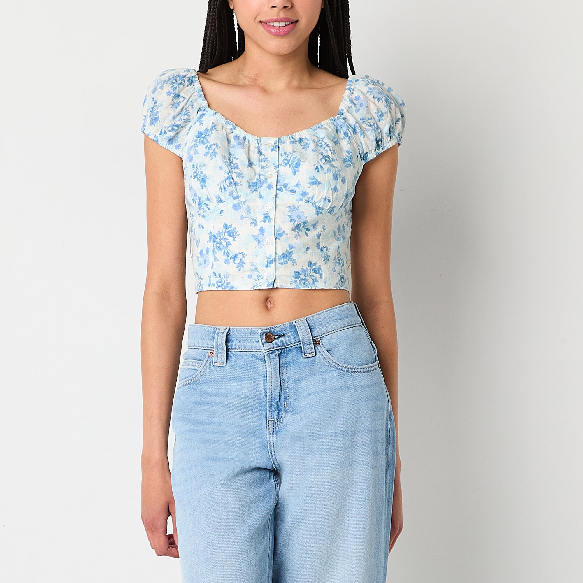 Arizona Womens Juniors Sweetheart Neck Short Sleeve Blouse