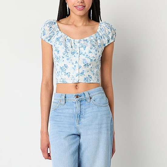 Arizona Womens Juniors Sweetheart Neck Short Sleeve Blouse