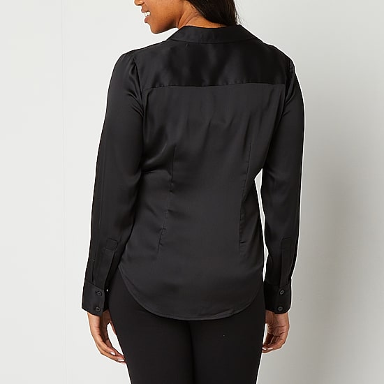 Worthington Womens Petite Cuffed Long Sleeve Slim Fit Button-Down Shirt