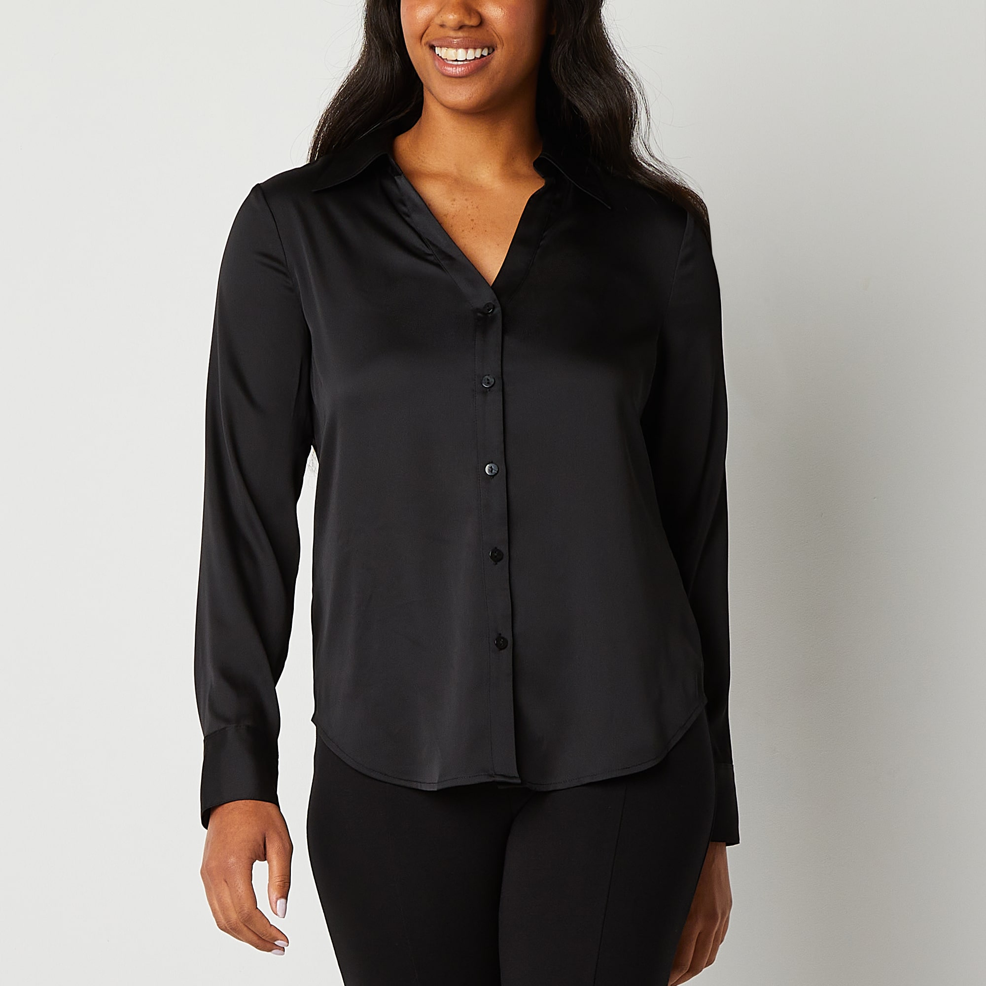 Worthington Womens Petite Cuffed Long Sleeve Regular Fit Button-Down Shirt