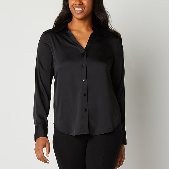 Worthington Womens Petite Cuffed Long Sleeve Slim Fit Button-Down Shirt