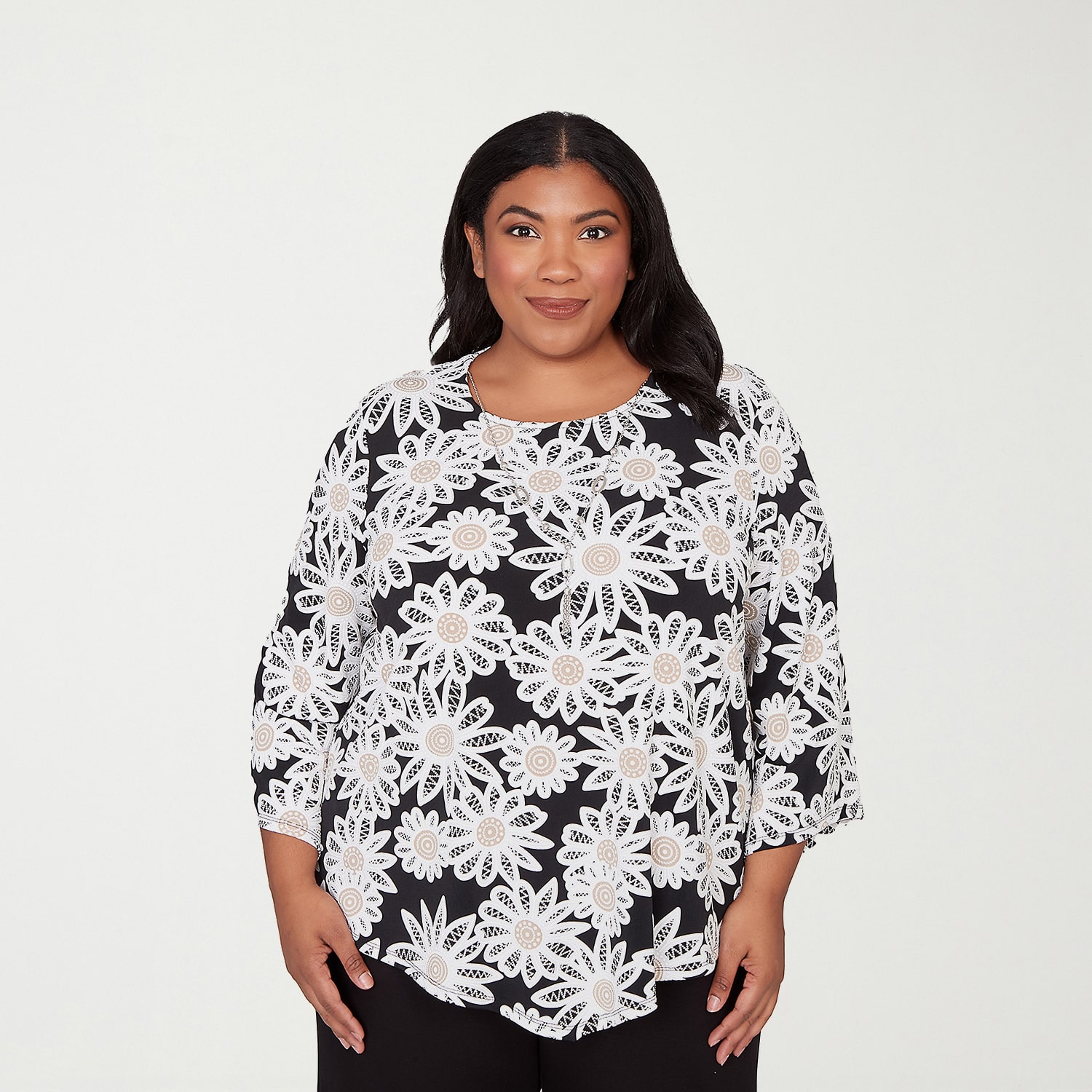 Alfred Dunner Classics Womens Plus Crew Neck 3/4 Sleeve T-Shirt