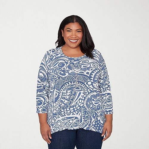Alfred Dunner Classics Womens Plus Crew Neck 3/4 Sleeve T-Shirt, 3x, Blue