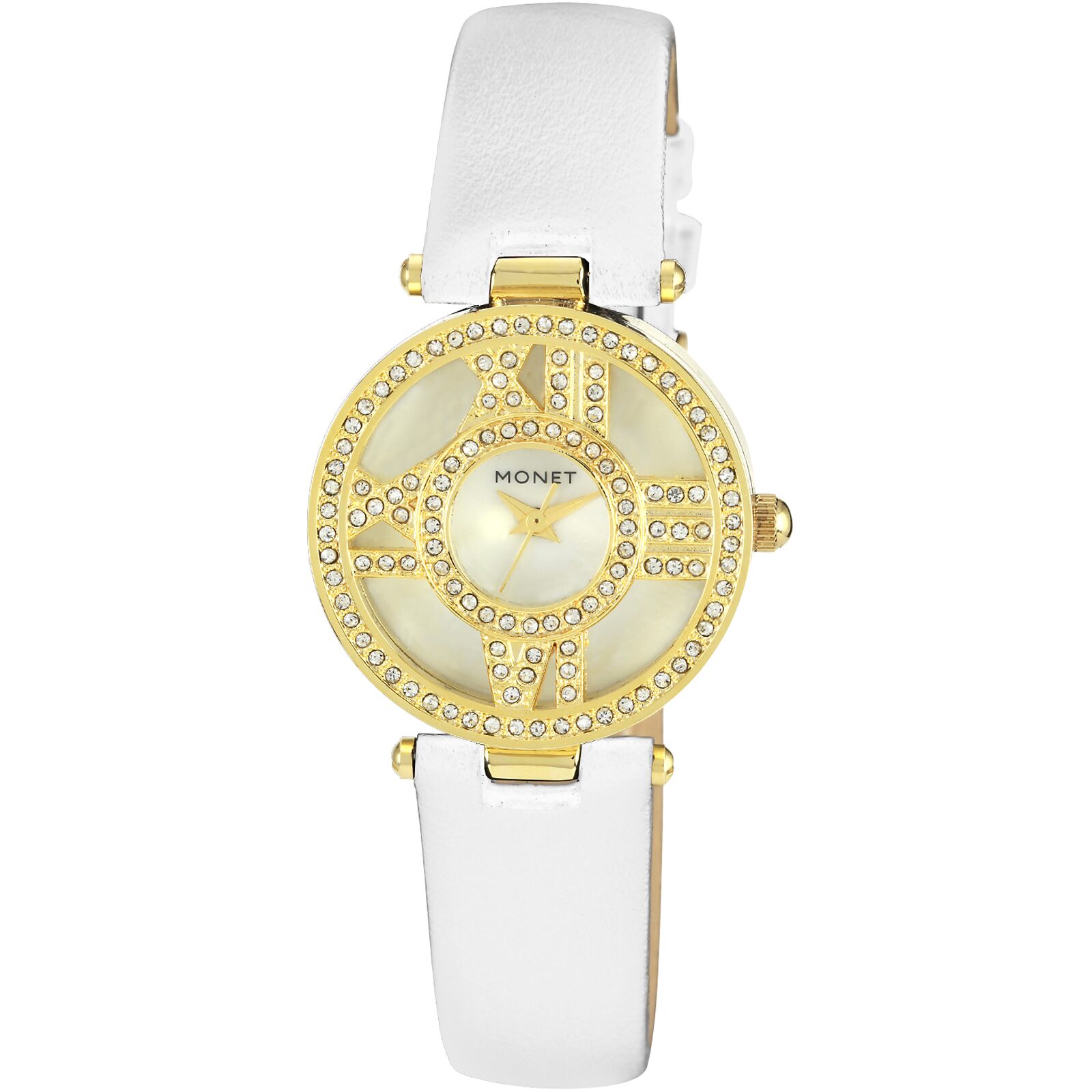 Monet® Womens Crystal Accent White Leather Strap Watch