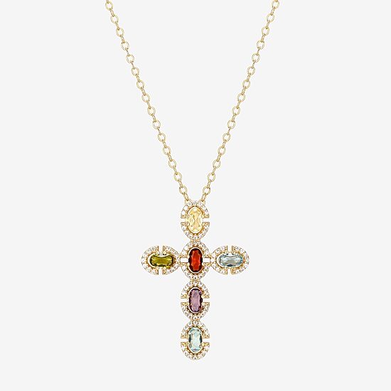 Womens Genuine Multi Color 18K Gold Over Silver Cross 18 Inch Pendant Necklace