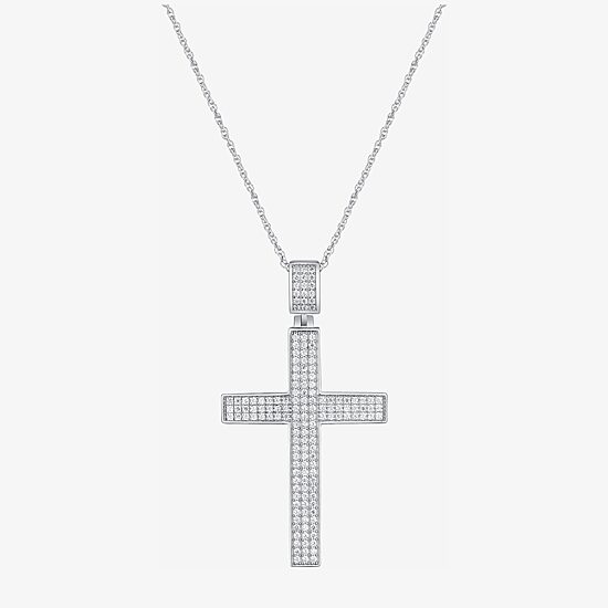 Mens White Cubic Zirconia Sterling Silver Cross 24 Inch Pendant Necklace