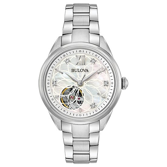 Bulova Sutton Womens Automatic Silver Tone Bracelet Watch 96p181