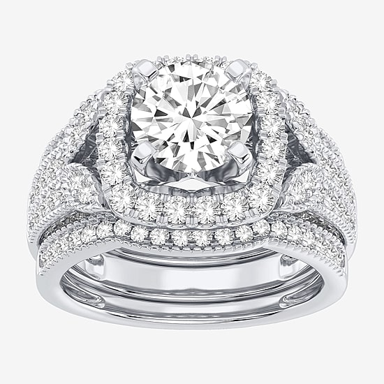 (H-I / Si1-Si2) Womens 3 CT. T.W. Lab Grown White Diamond 14K Gold Cushion Halo Bridal Set