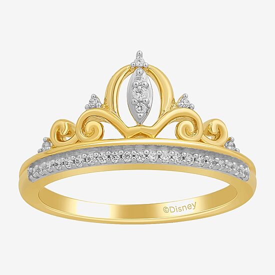 Enchanted Disney Fine Jewelry Womens 1/8 CT. T.W. Natural White Diamond 14K Gold Over Silver Sterling Silver Crown Cinderella Princess Cocktail Ring