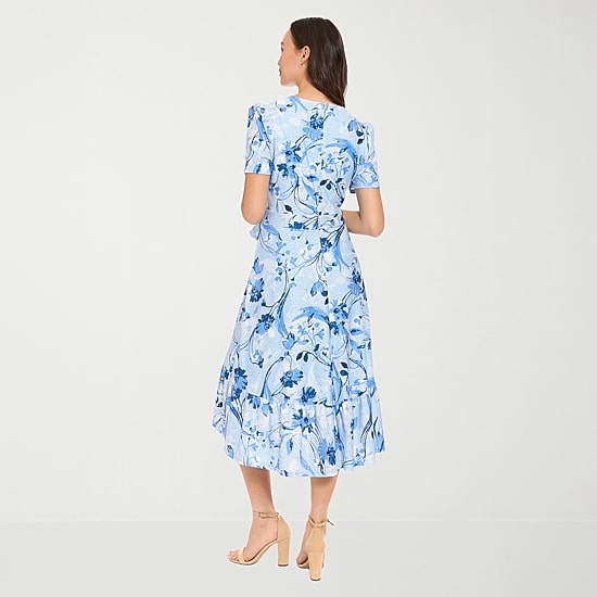 London Style Womens V Neck Short Sleeve Floral Fit + Flare Dress