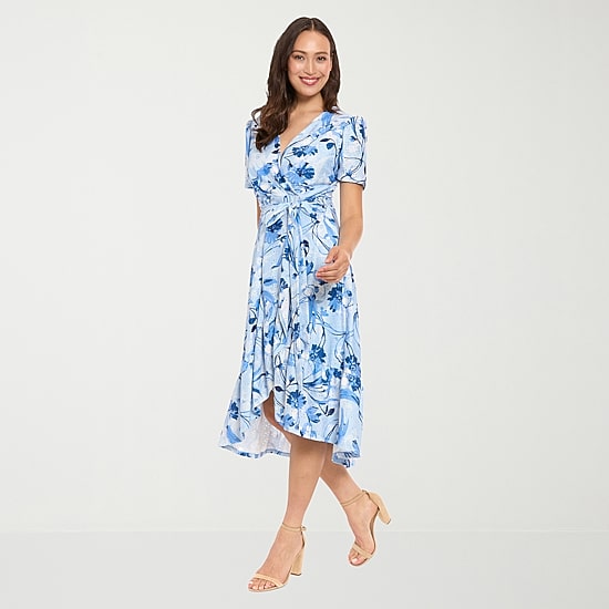 London Style Womens V Neck Short Sleeve Floral Fit + Flare Dress
