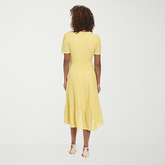 London Style Womens Midi V Neck Short Sleeve Fit + Flare Dress