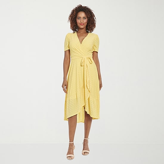 London Style Womens Midi V Neck Short Sleeve Fit + Flare Dress
