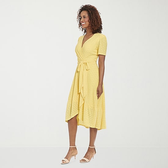 London Style Womens Midi V Neck Short Sleeve Fit + Flare Dress