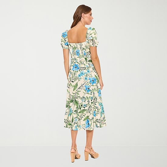 Clover And Sloane Womens Midi Square Neck Short Sleeve Puffed Floral Fit + Flare Dress