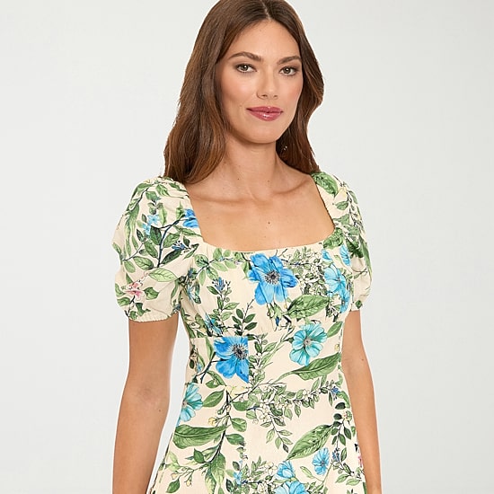 Clover And Sloane Womens Midi Square Neck Short Sleeve Puffed Floral Fit + Flare Dress