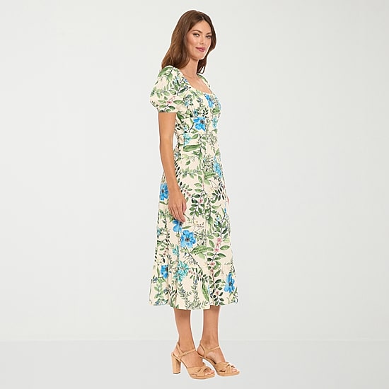 Clover And Sloane Womens Midi Square Neck Short Sleeve Puffed Floral Fit + Flare Dress