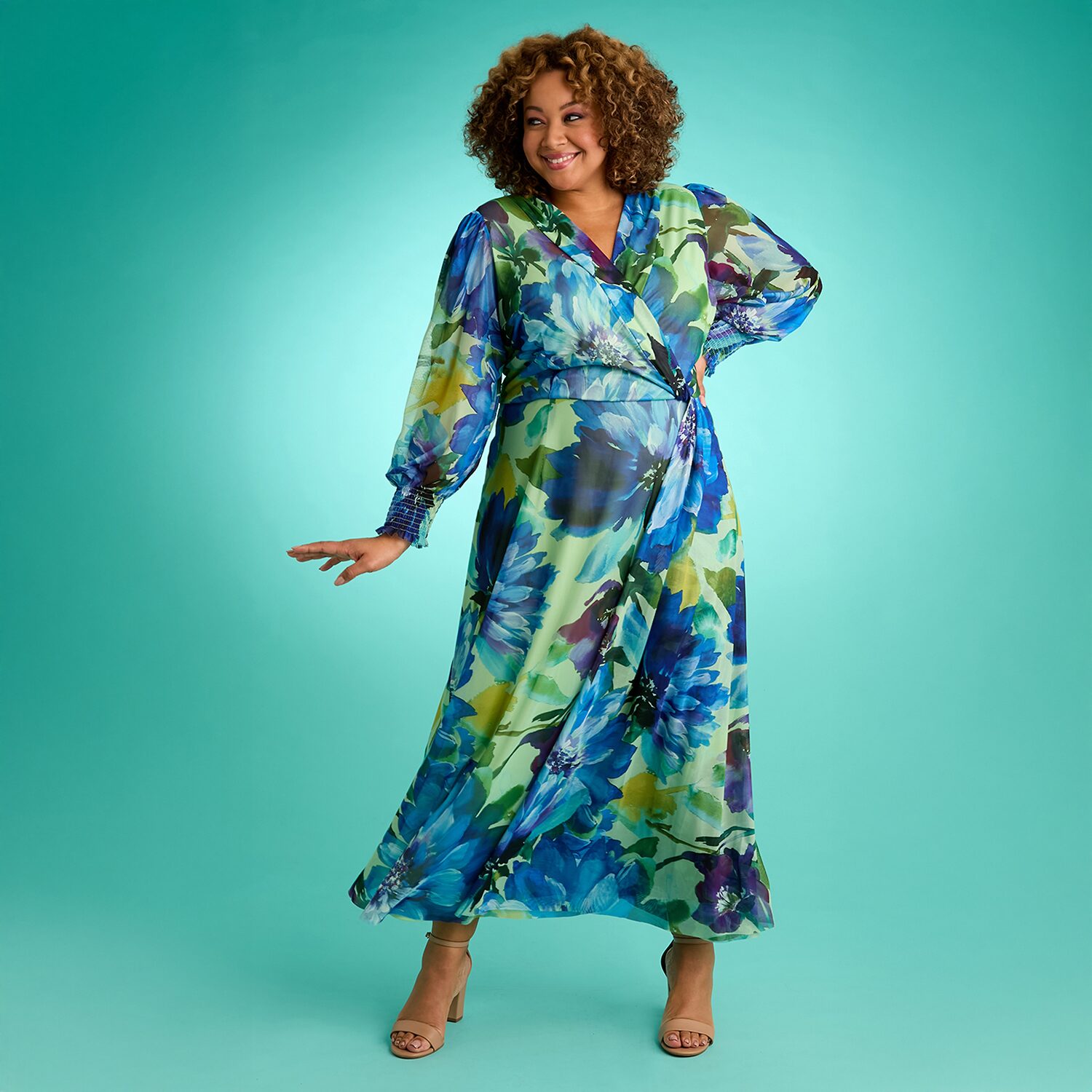 Clover And Sloane Womens Plus V Neck Long Sleeve Bishop Maxi Dress