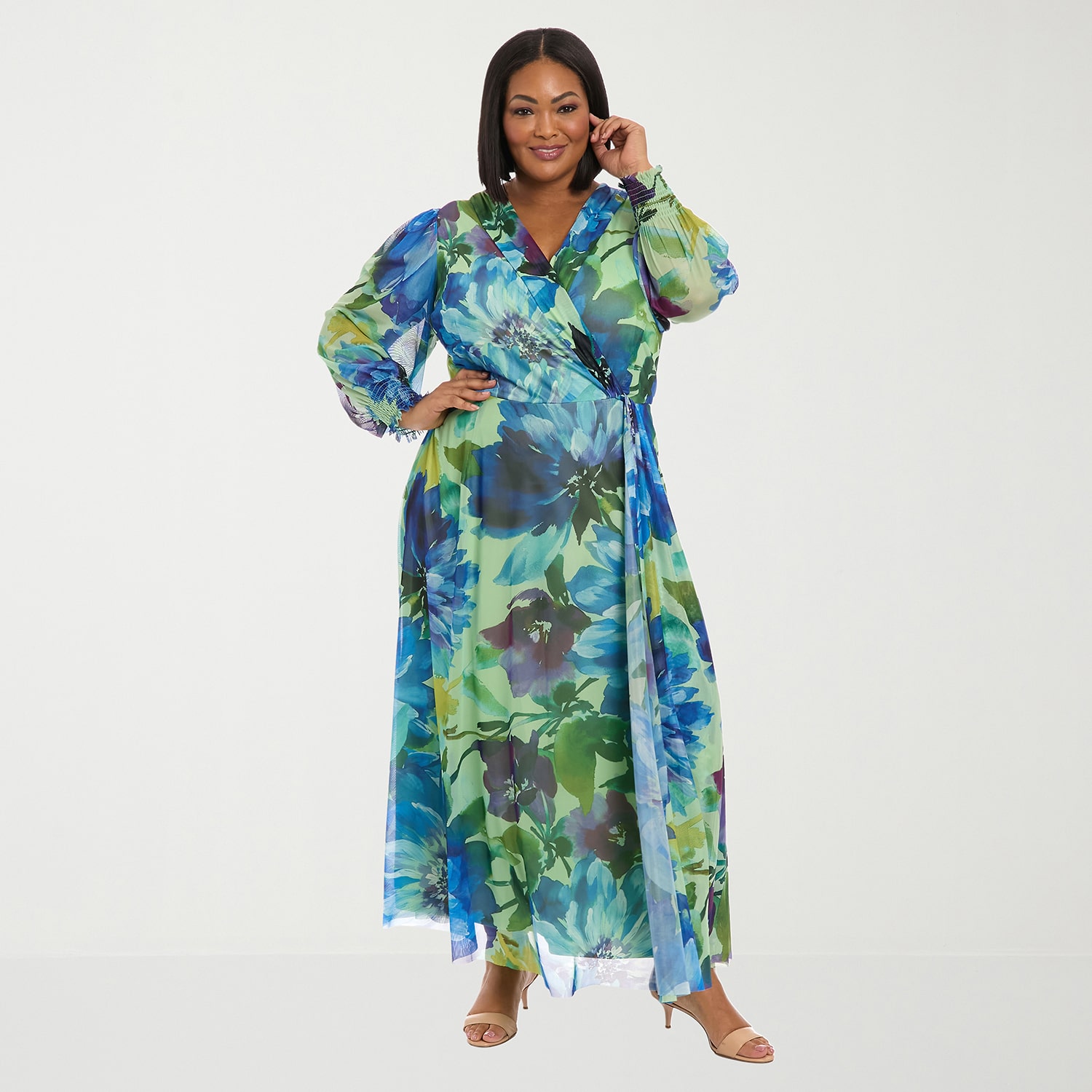 Clover And Sloane Womens Plus V Neck Long Sleeve Bishop Maxi Dress