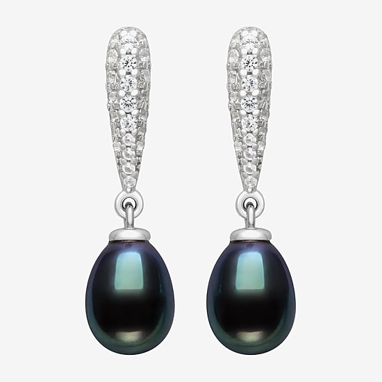 Limited Quantities! Womens Dyed Black Cultured Freshwater Pearl Sterling Silver Drop Earrings