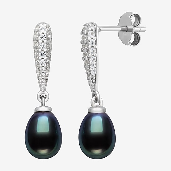 Limited Quantities! Womens Dyed Black Cultured Freshwater Pearl Sterling Silver Drop Earrings