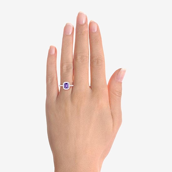 Yes, Please! Womens Lab Created Purple Amethyst Sterling Silver Halo Side Stone Cocktail Ring