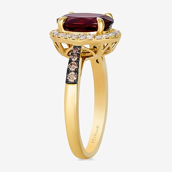 Levian Corp Le Vian Womens 1/4 CT. T.W. Genuine Red Garnet 14K Gold Oval Halo Side Stone Cocktail Ring