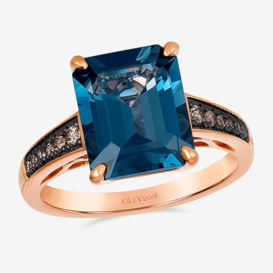 Le Vian Ring featuring 5 cts. Deep Sea Blue Topaz™, 1/8 cts. Chocolate Diamonds® set in 14K Strawberry Gold®