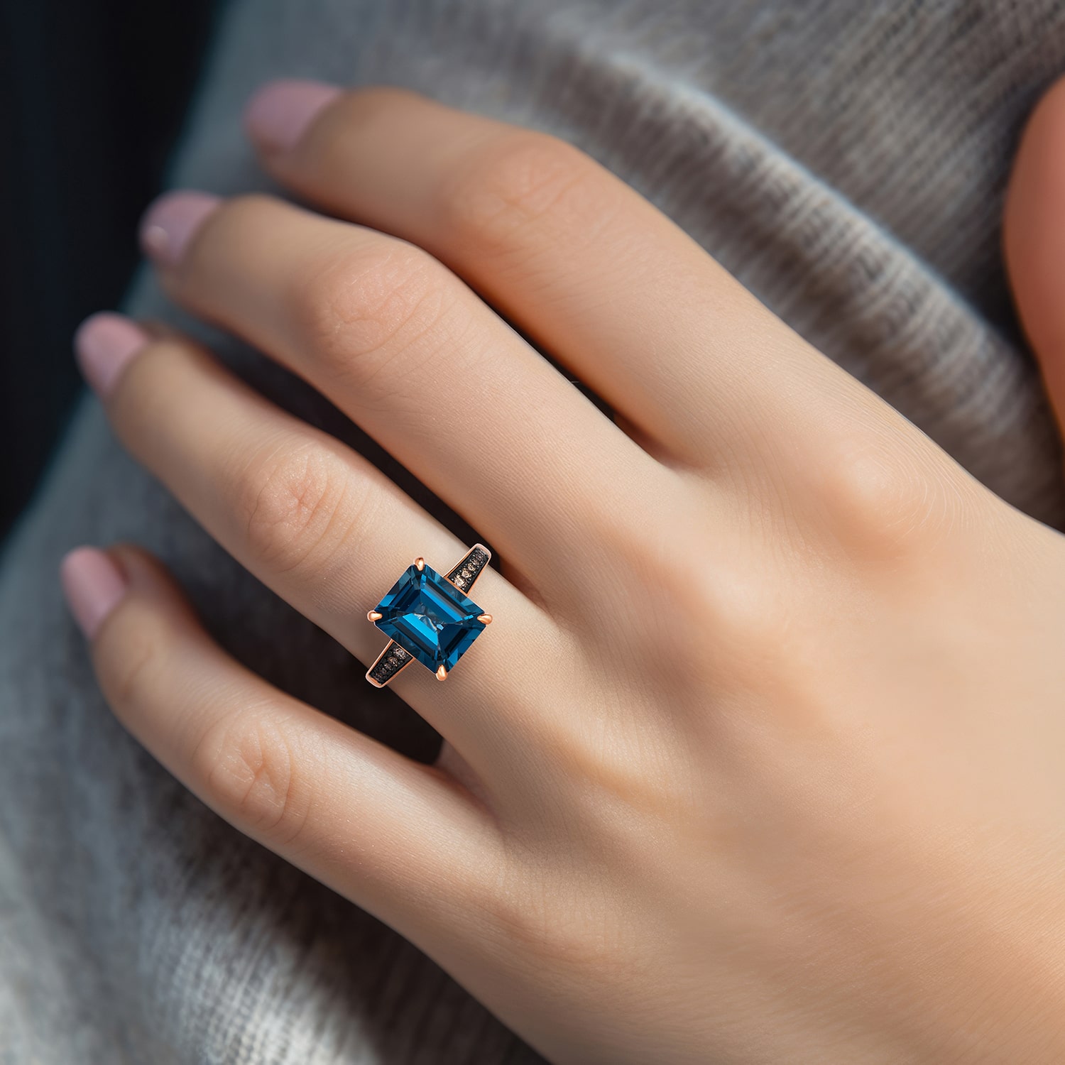Le Vian Ring featuring 5 cts. Deep Sea Blue Topaz™, 1/8 Chocolate Diamonds® set 14K Strawberry Gold®