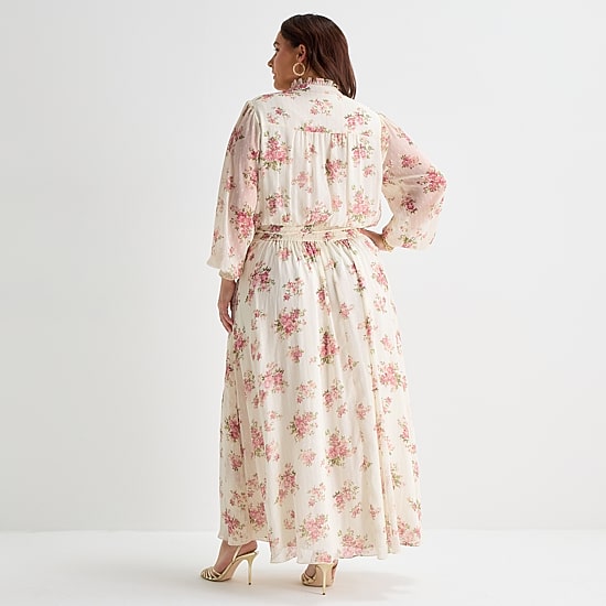 Premier Amour Womens Plus V Neck Long Sleeve Puffed Chiffon Maxi Dress