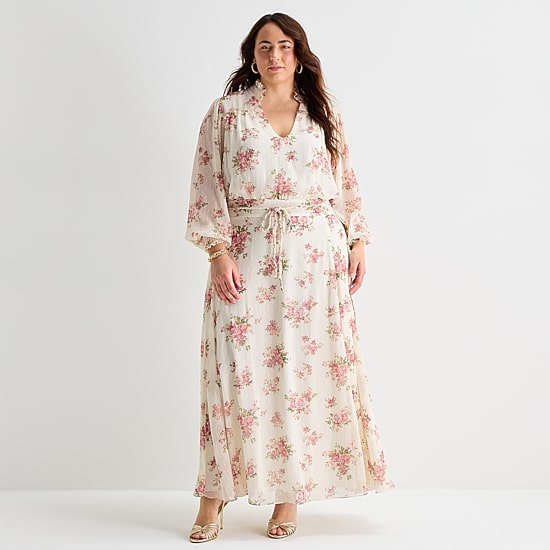 Premier Amour Women's Plus V Neck Long Sleeve Puffed Maxi Dress | White | Plus 22w | Dresses Maxi Dresses | Tie-waist|Smocked