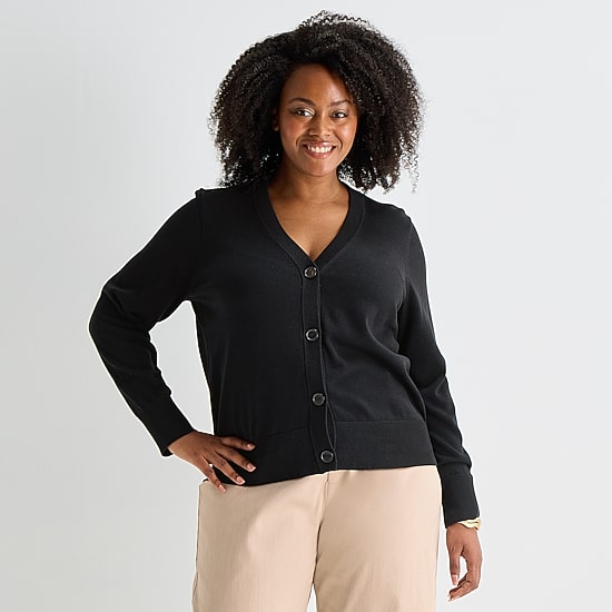Liz Claiborne Womens V Neck Long Sleeve Button Plus Cardigan