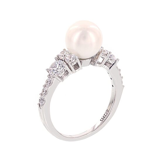 Diamonart® Cultured Freshwater Pearl and Cubic Zirconia Sterling Silver Ring