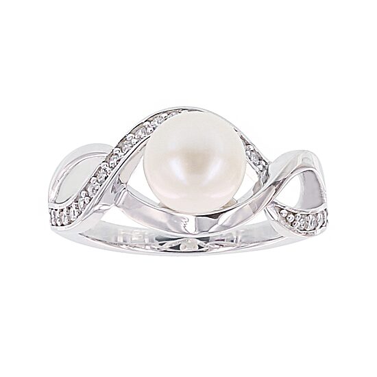 Diamonart® Cultured Freshwater Pearl and Cubic Zirconia Sterling Silver Swirl Ring