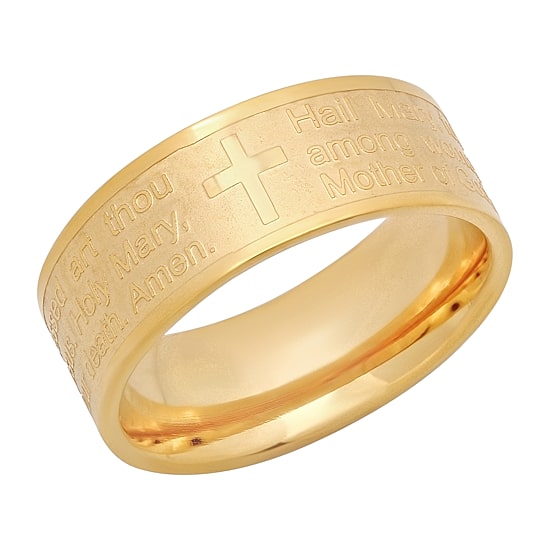 Steeltime Hail Mary Prayer Mens 6MM 18K Gold Over Stainless Steel Stainless Steel Band