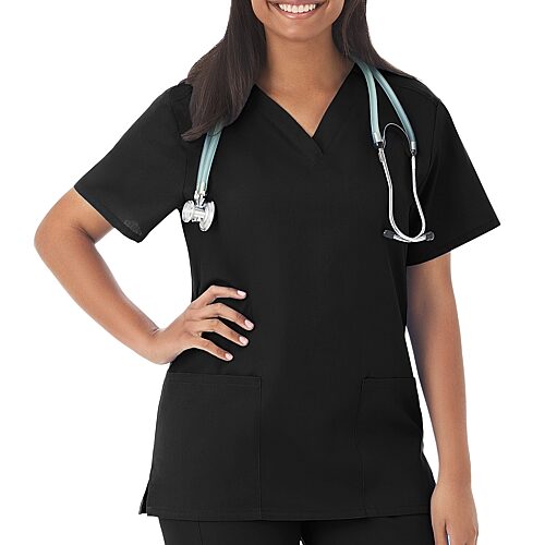 Fundamentals By White Swan 14700 2-Pocket Womens V Neck Short Sleeve Scrub Top, X-large, Black
