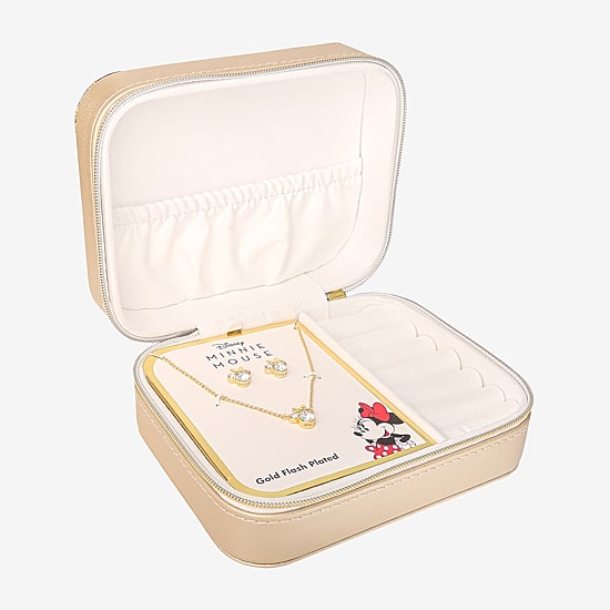 Disney Minnie Mouse Jewelry Travel Case w/ Brass Earring and Pendant Necklace Set