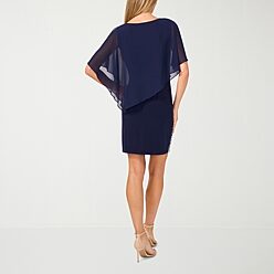 msk beaded ruched sheath dress MSK Womens Round Neck 3/4 Sleeve Beaded Sheath Dress, Color: Navy
