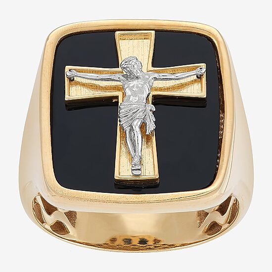 Crucifix Mens Genuine Black Onyx 10K Gold Cross Signet Ring