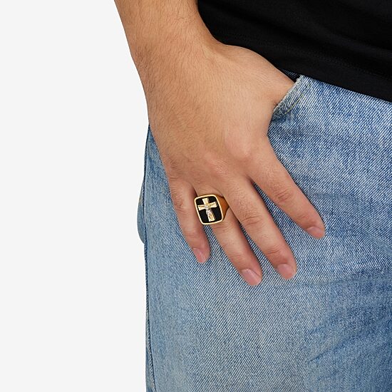 Crucifix Mens Genuine Black Onyx 10K Gold Cross Signet Ring