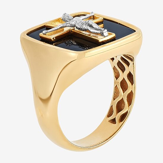 Crucifix Mens Genuine Black Onyx 10K Gold Cross Signet Ring
