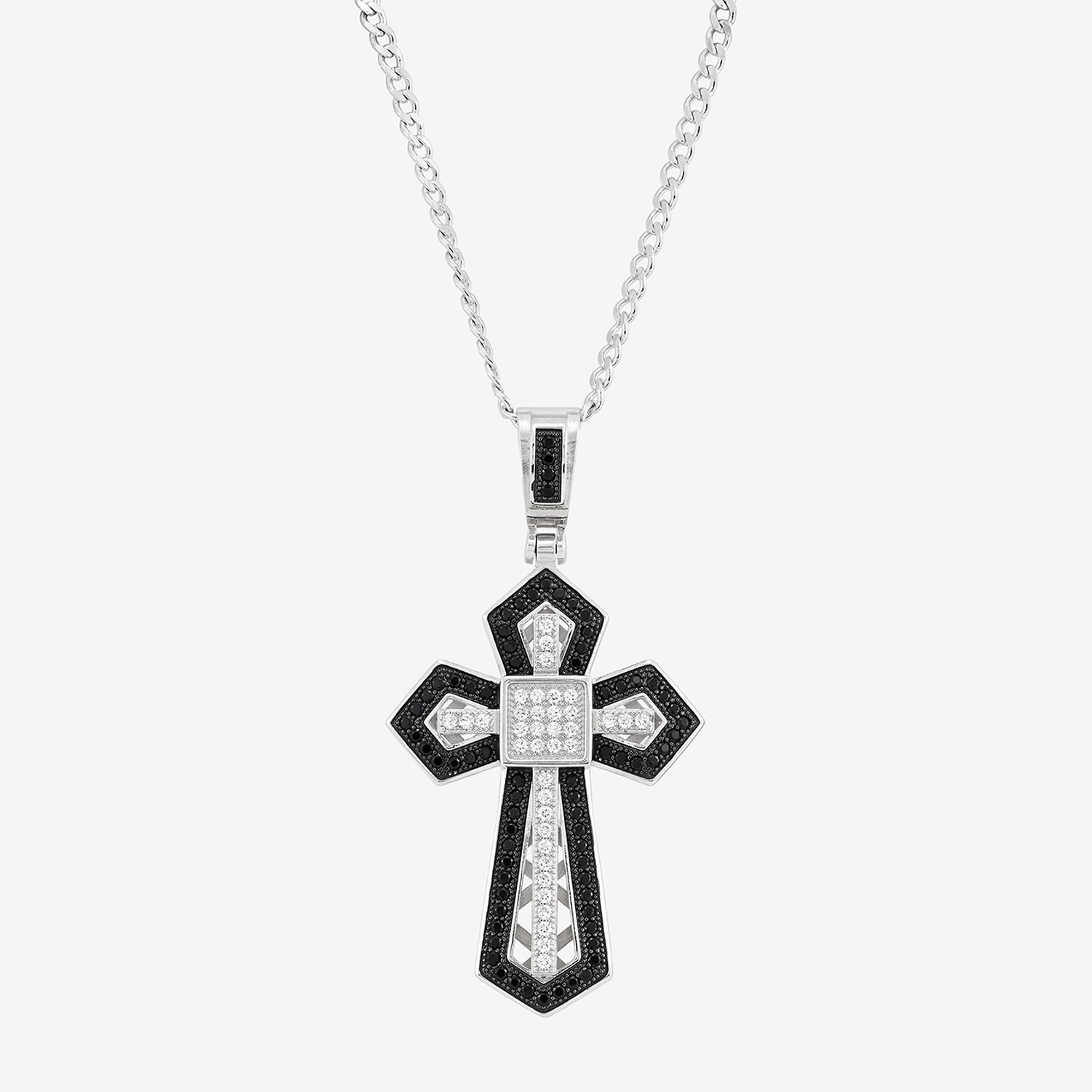 Made in Italy Mens Black Spinel Sterling Silver Cross 22 Inch Pendant Necklace
