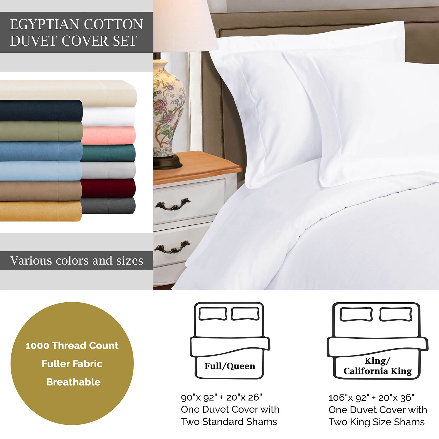 SUPERIOR® Egyptian Cotton 1000tc Luxury Heavyweight Reversible Duvet Cover