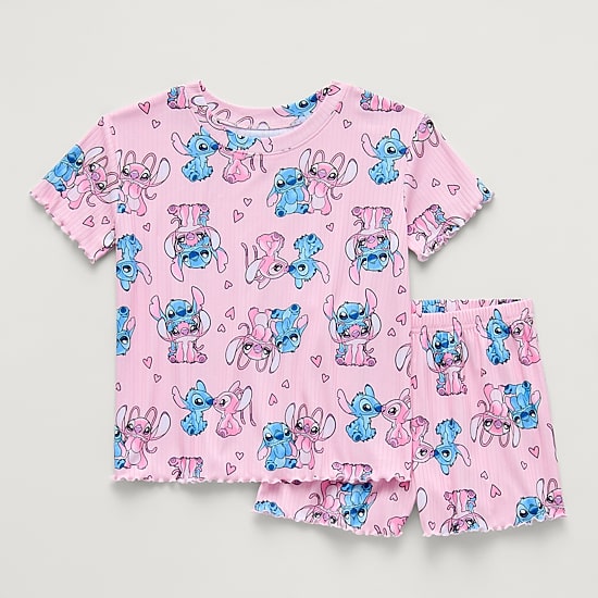 Disney Collection Girls Lilo & Stitch Rib Crew Neck Short Sleeve 2-pc. Pajama Set